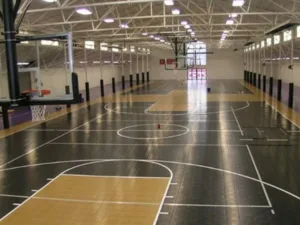 Black and gold themed indoor gymnasium featuring ceiling-suspended basketball hoops