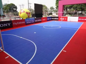 Red and blue outdoor futsal court at the FIFA Futsal World Cup event