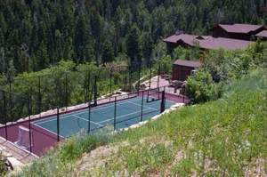 Mountainside outdoor game court surrounded by trees