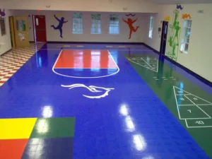 Indoor play area featuring colorful flooring