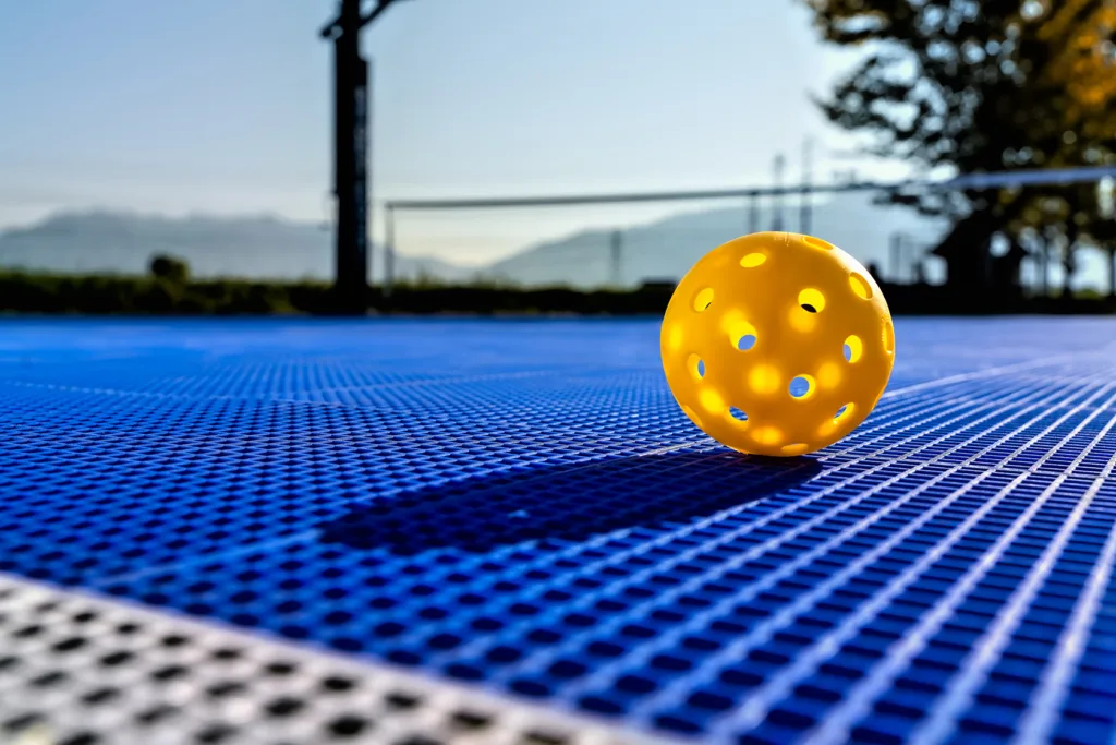 A yellow pickleball on a sport surface